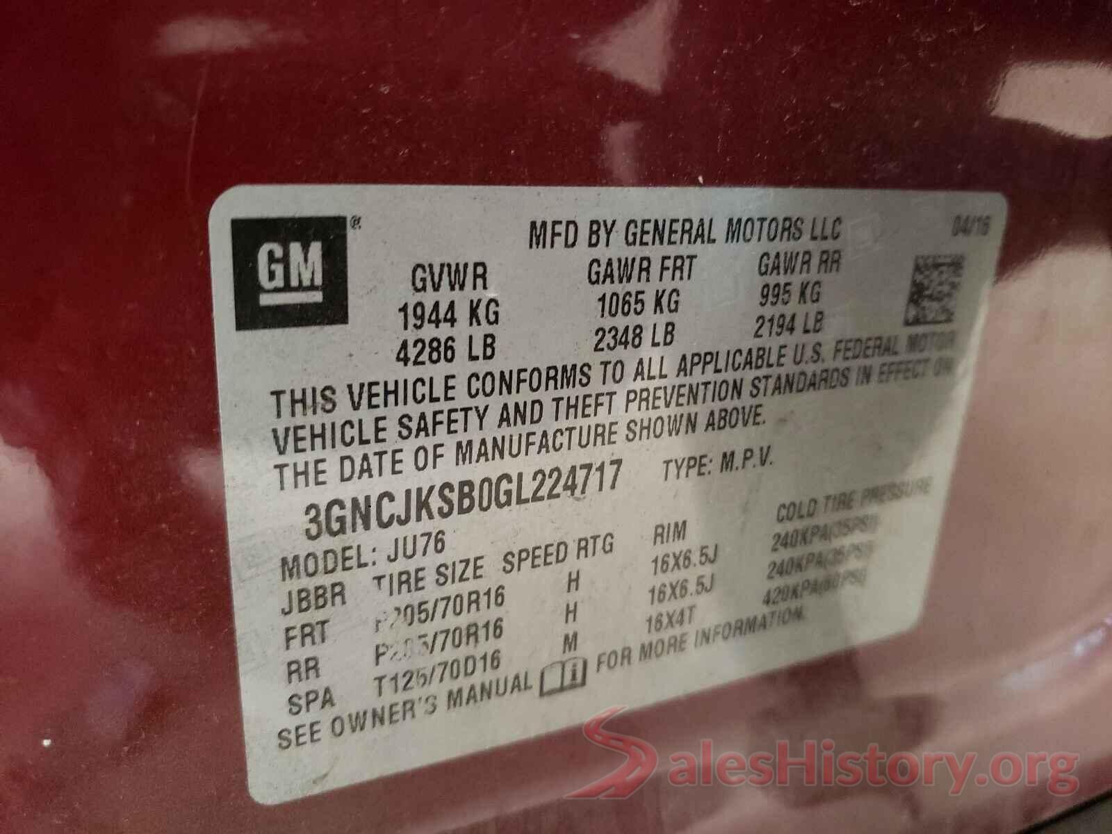 3GNCJKSB0GL224717 2016 CHEVROLET TRAX