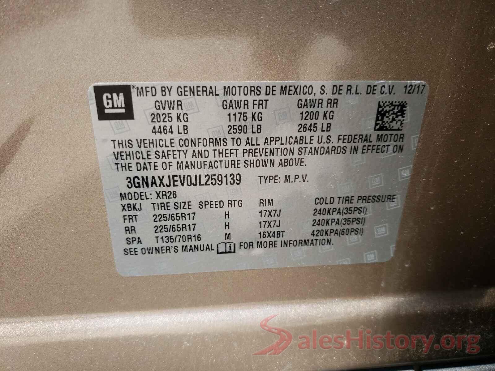 3GNAXJEV0JL259139 2018 CHEVROLET EQUINOX