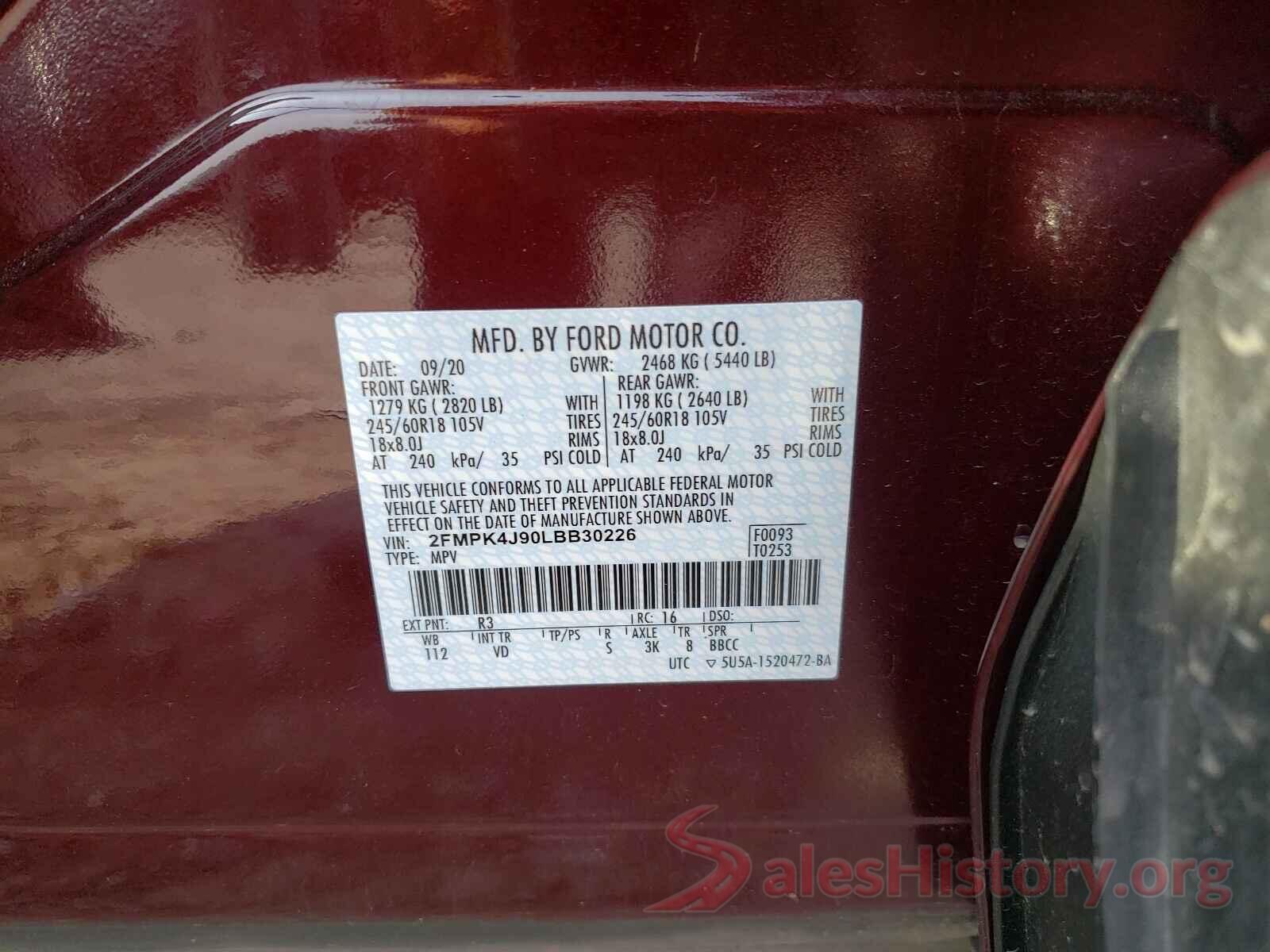 2FMPK4J90LBB30226 2020 FORD EDGE