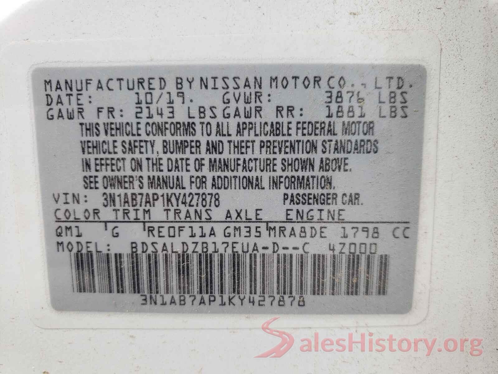 3N1AB7AP1KY427878 2019 NISSAN SENTRA