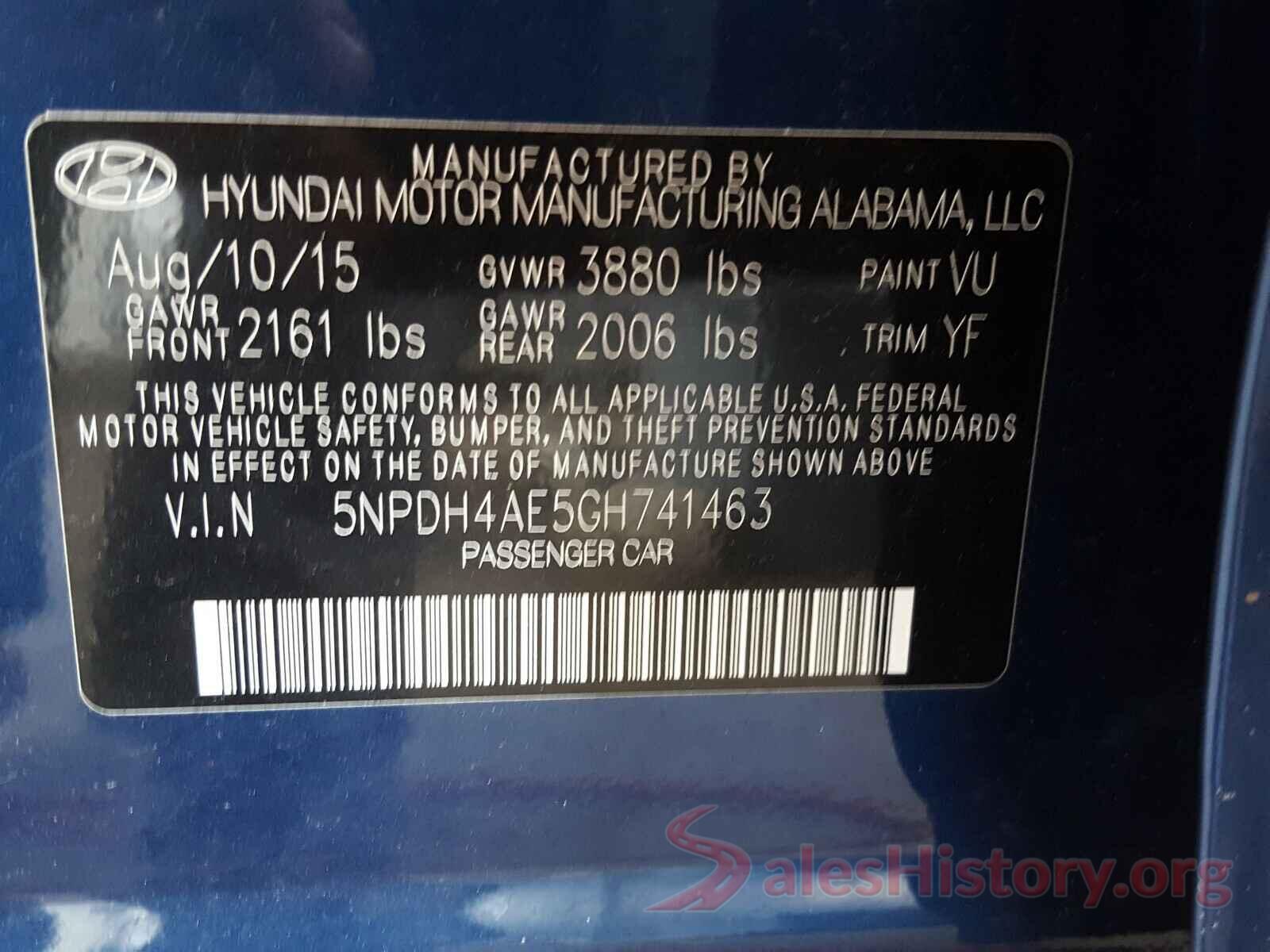 5NPDH4AE5GH741463 2016 HYUNDAI ELANTRA