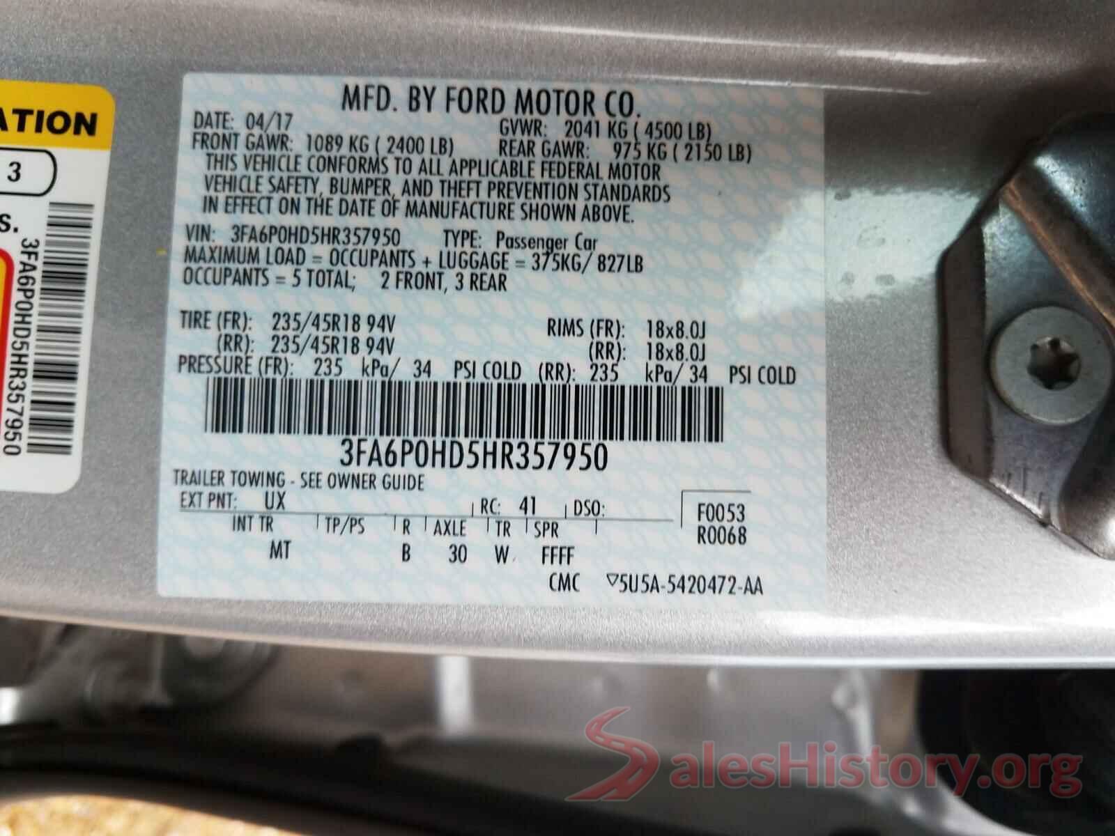 3FA6P0HD5HR357950 2017 FORD FUSION