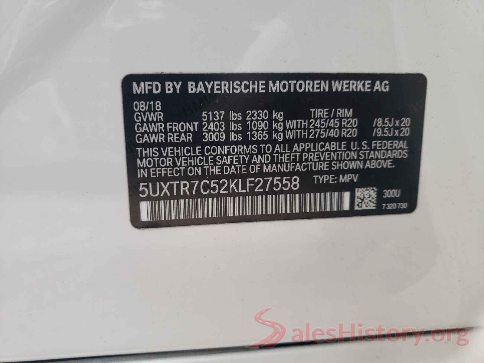 5UXTR7C52KLF27558 2019 BMW X3