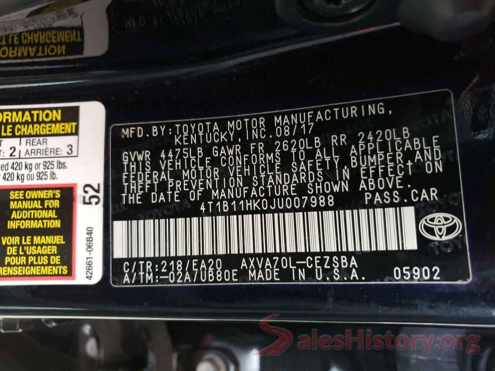 4T1B11HK0JU007988 2018 TOYOTA CAMRY