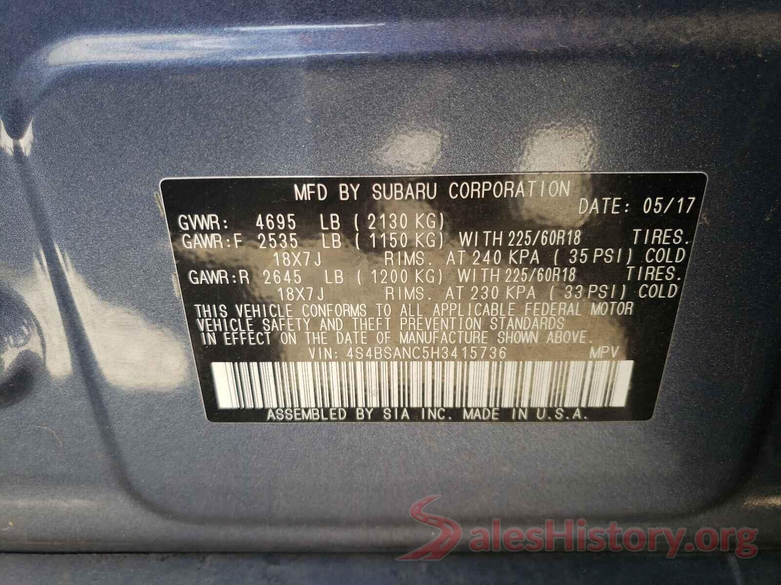 4S4BSANC5H3415736 2017 SUBARU OUTBACK