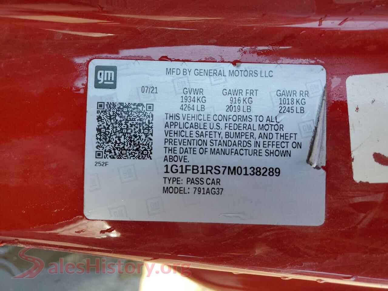 2021 CHEVROLET CAMARO VIN 1G1FB1RS7M0138289, trunk area
