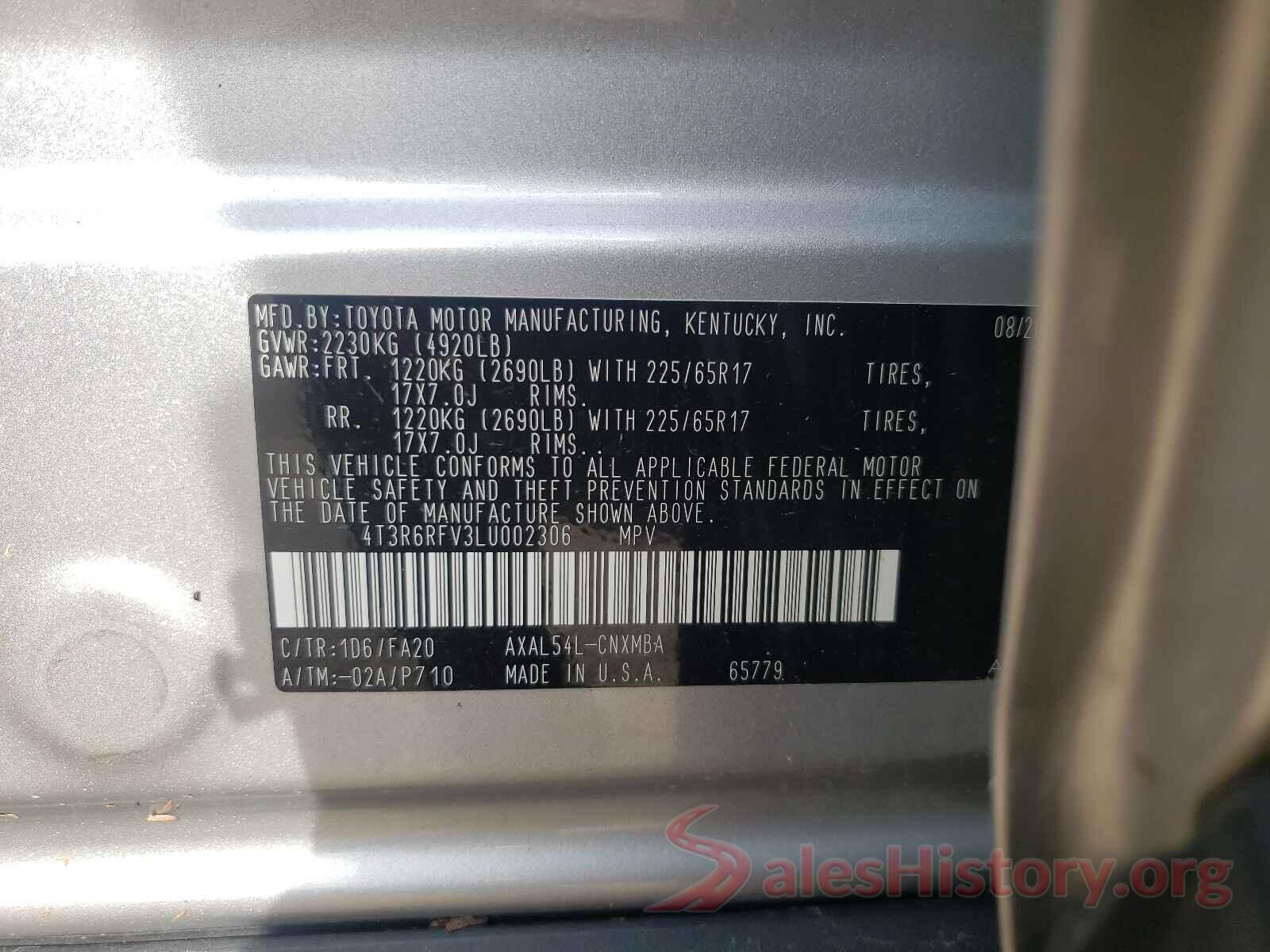 4T3R6RFV3LU002306 2020 TOYOTA RAV4