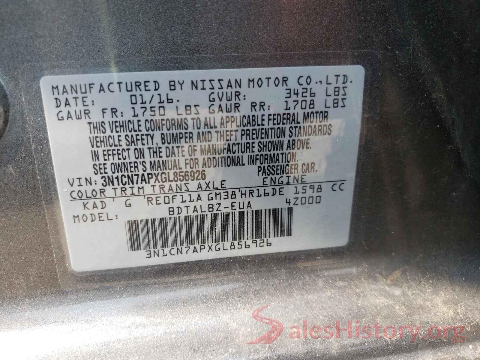 3N1CN7APXGL856926 2016 NISSAN VERSA