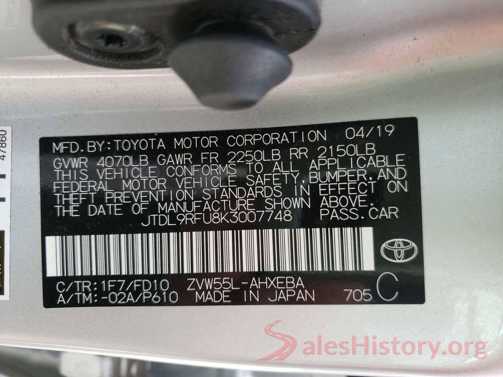 JTDL9RFU8K3007748 2019 TOYOTA PRIUS