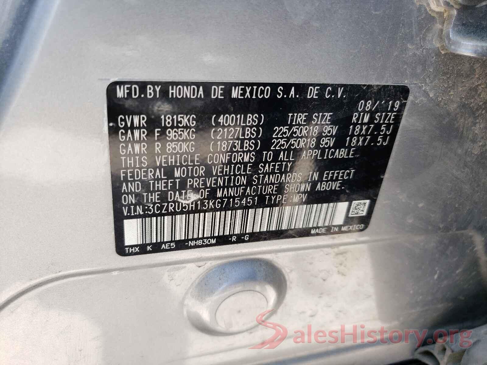 3CZRU5H13KG715451 2019 HONDA HR-V