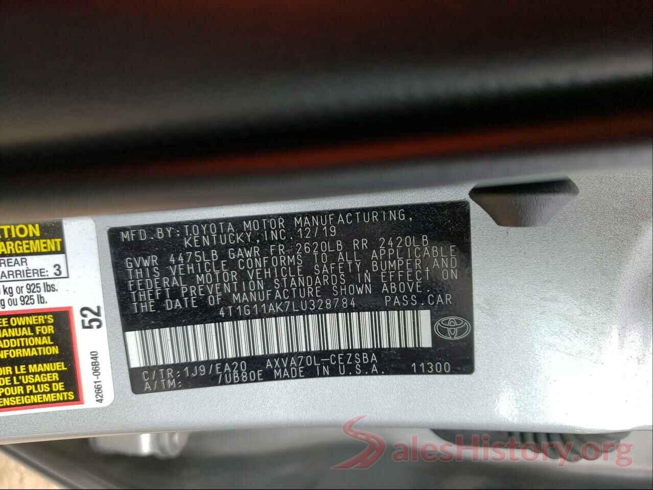 4T1G11AK7LU328784 2020 TOYOTA CAMRY