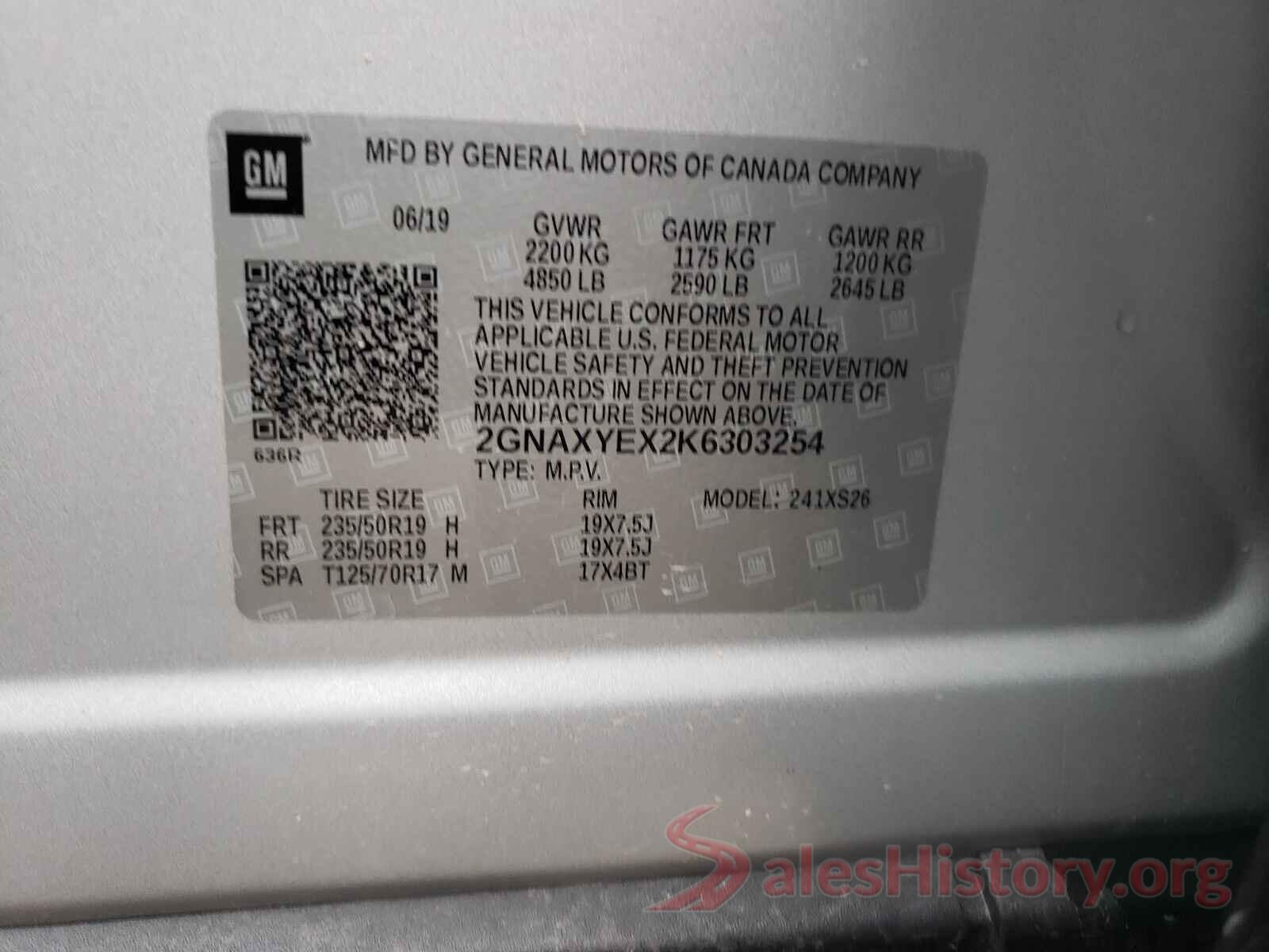 2GNAXYEX2K6303254 2019 CHEVROLET EQUINOX