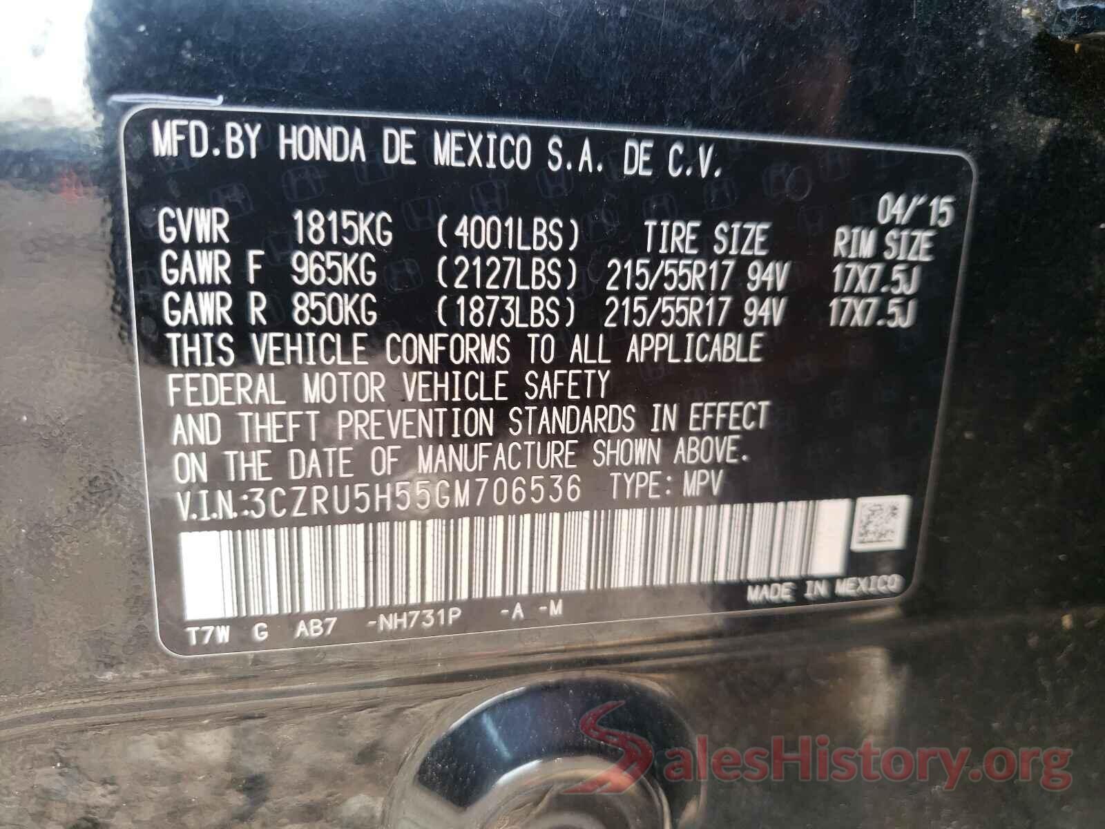 3CZRU5H55GM706536 2016 HONDA HR-V