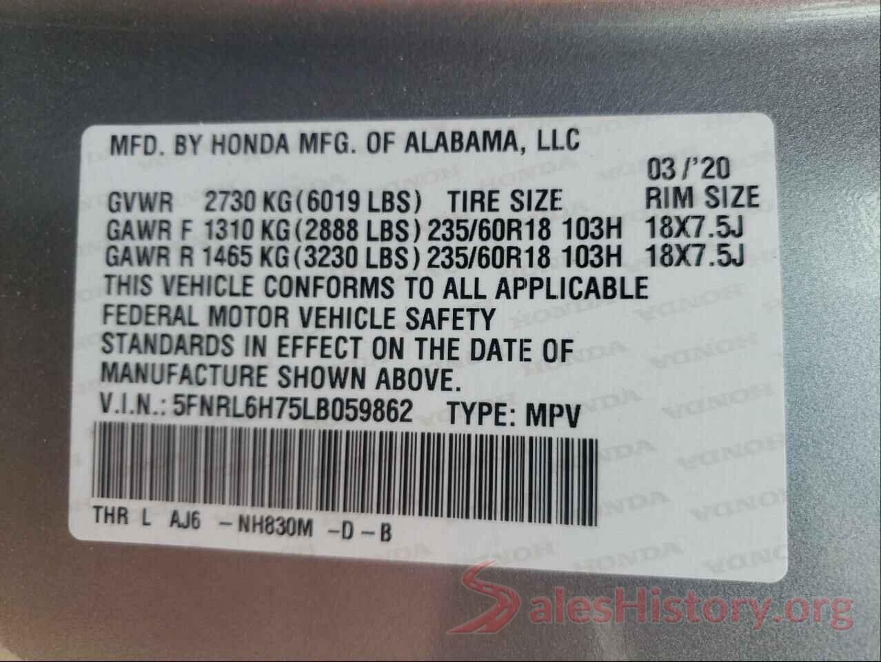 5FNRL6H75LB059862 2020 HONDA ODYSSEY