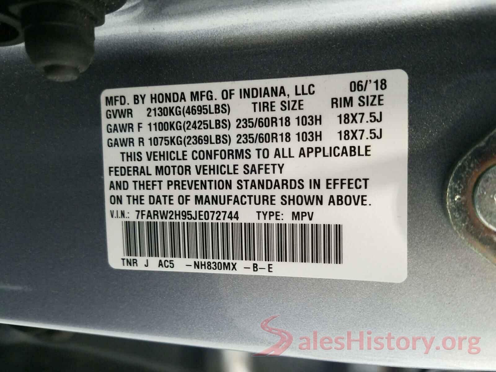 7FARW2H95JE072744 2018 HONDA CRV