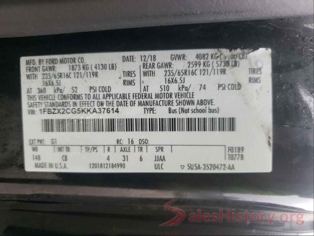 1FBZX2CG5KKA37614 2019 FORD TRANSIT CO