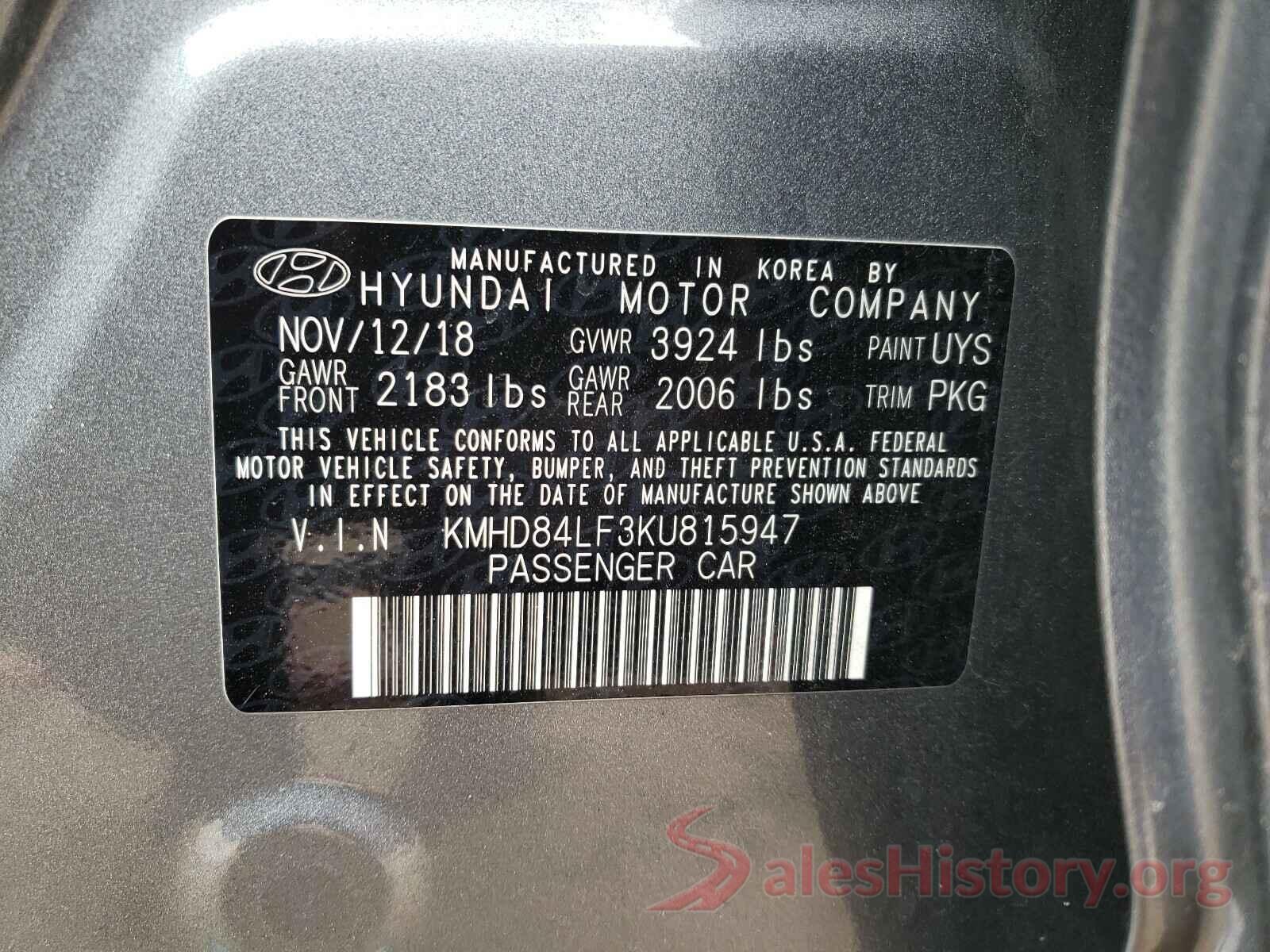 KMHD84LF3KU815947 2019 HYUNDAI ELANTRA