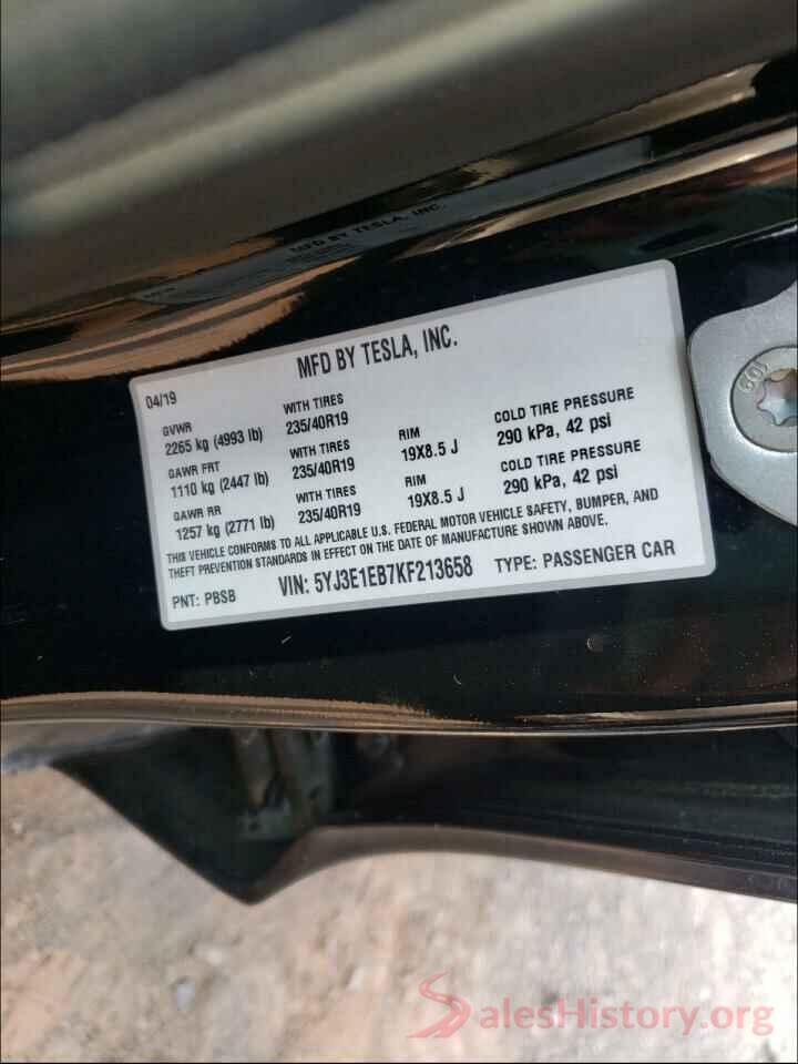 5YJ3E1EB7KF213658 2019 TESLA MODEL 3