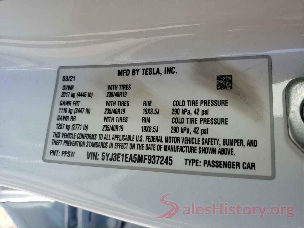 5YJ3E1EA5MF937245 2021 TESLA MODEL 3