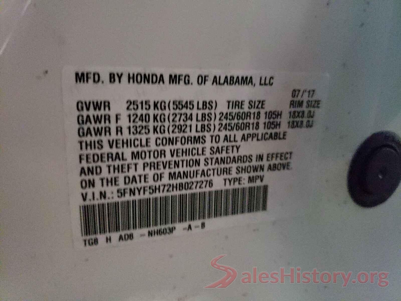 5FNYF5H72HB027276 2017 HONDA PILOT