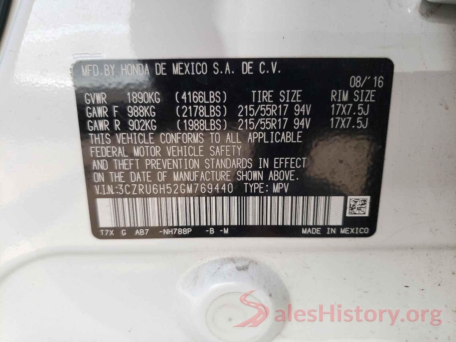 3CZRU6H52GM769440 2016 HONDA HR-V