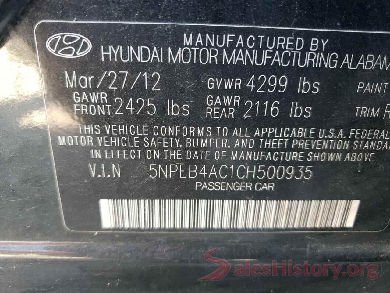 5NPEB4AC1CH500935 2012 HYUNDAI SONATA