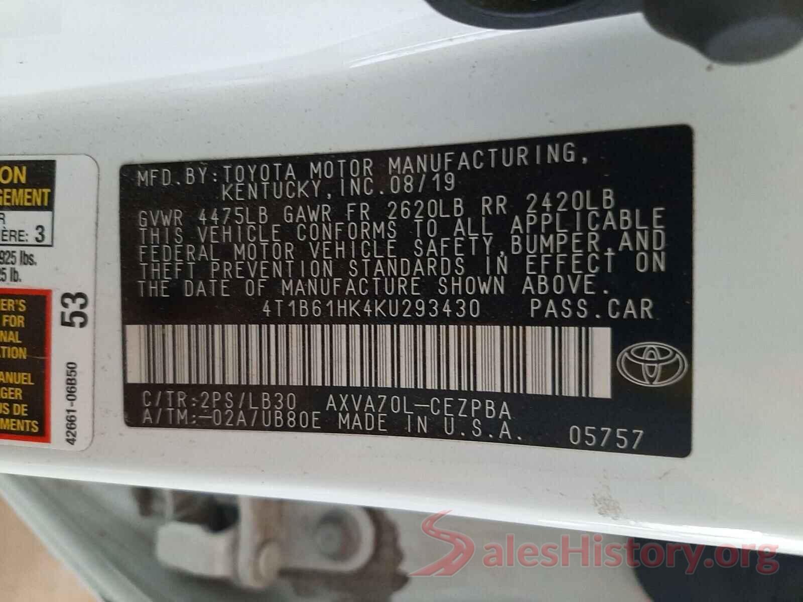 4T1B61HK4KU293430 2019 TOYOTA CAMRY