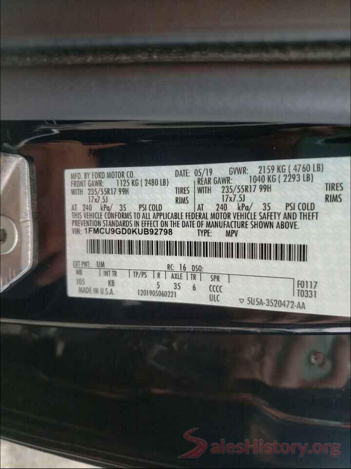 1FMCU9GD0KUB92798 2019 FORD ESCAPE