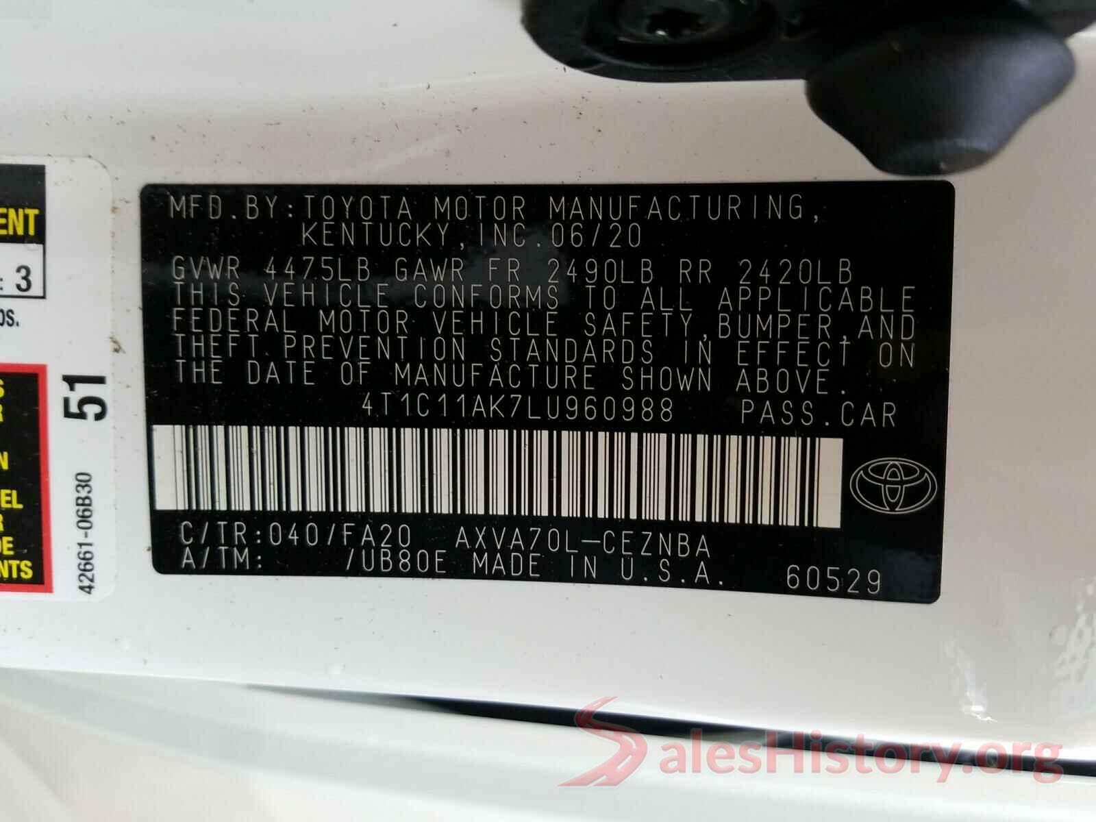 4T1C11AK7LU960988 2020 TOYOTA CAMRY