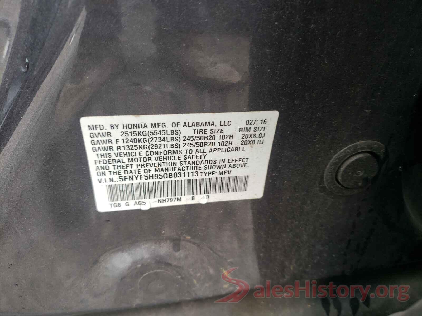 5FNYF5H95GB031113 2016 HONDA PILOT