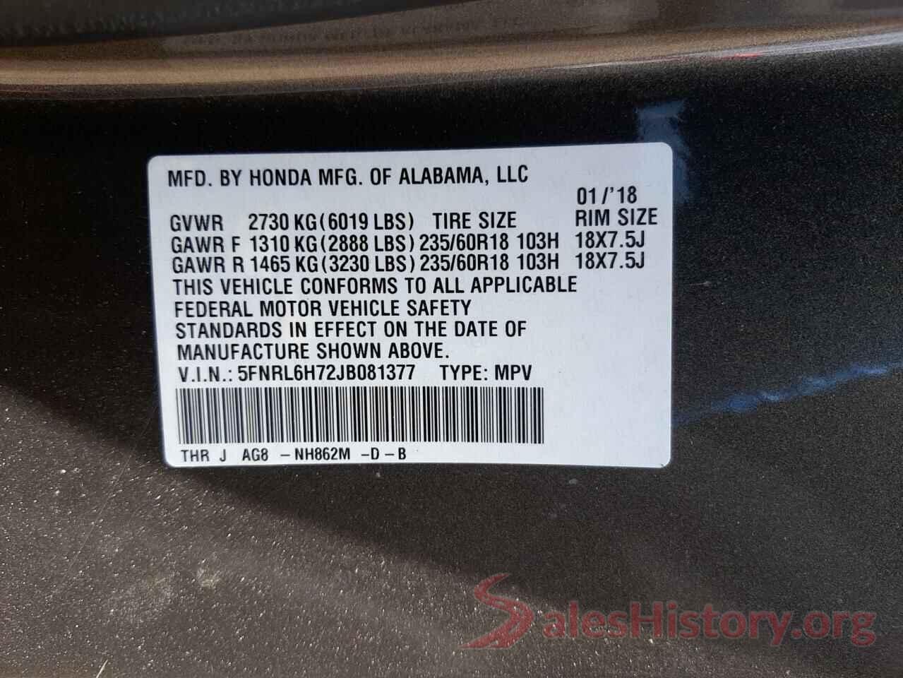 5FNRL6H72JB081377 2018 HONDA ODYSSEY