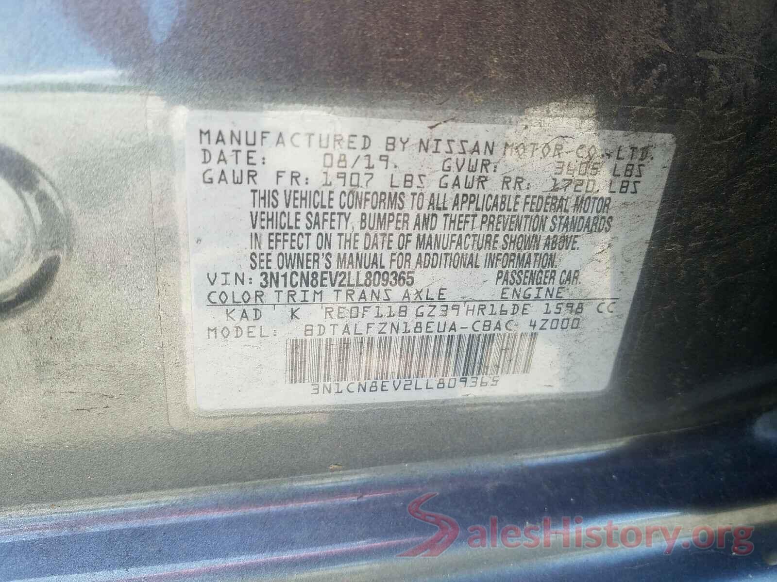 3N1CN8EV2LL809365 2020 NISSAN VERSA