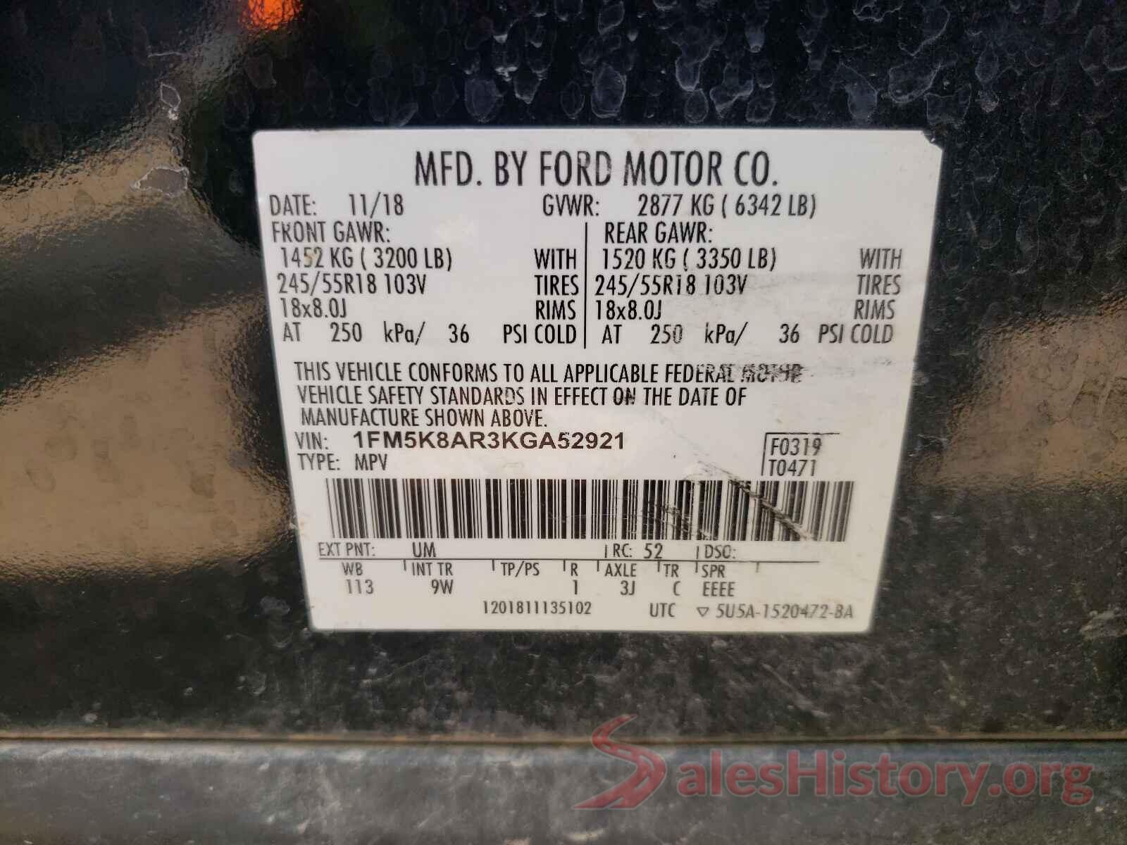 1FM5K8AR3KGA52921 2019 FORD EXPLORER