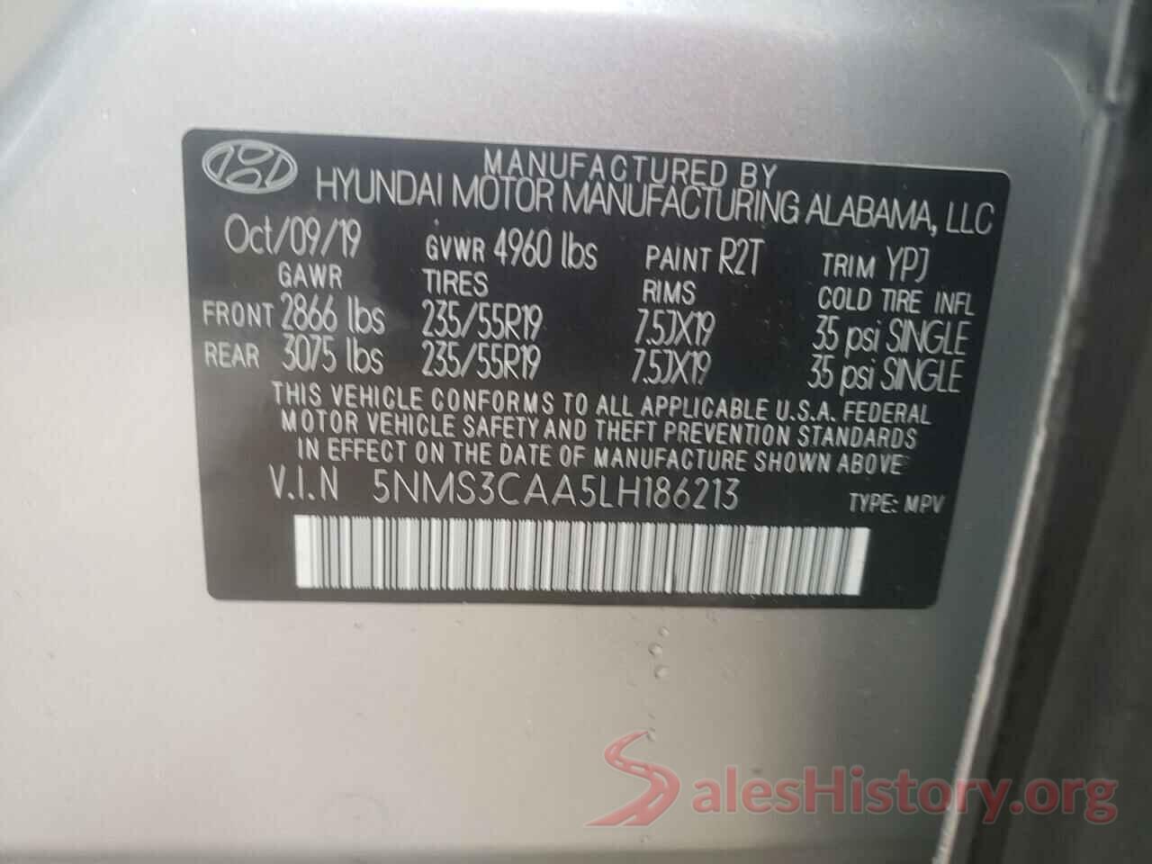 5NMS3CAA5LH186213 2020 HYUNDAI SANTA FE