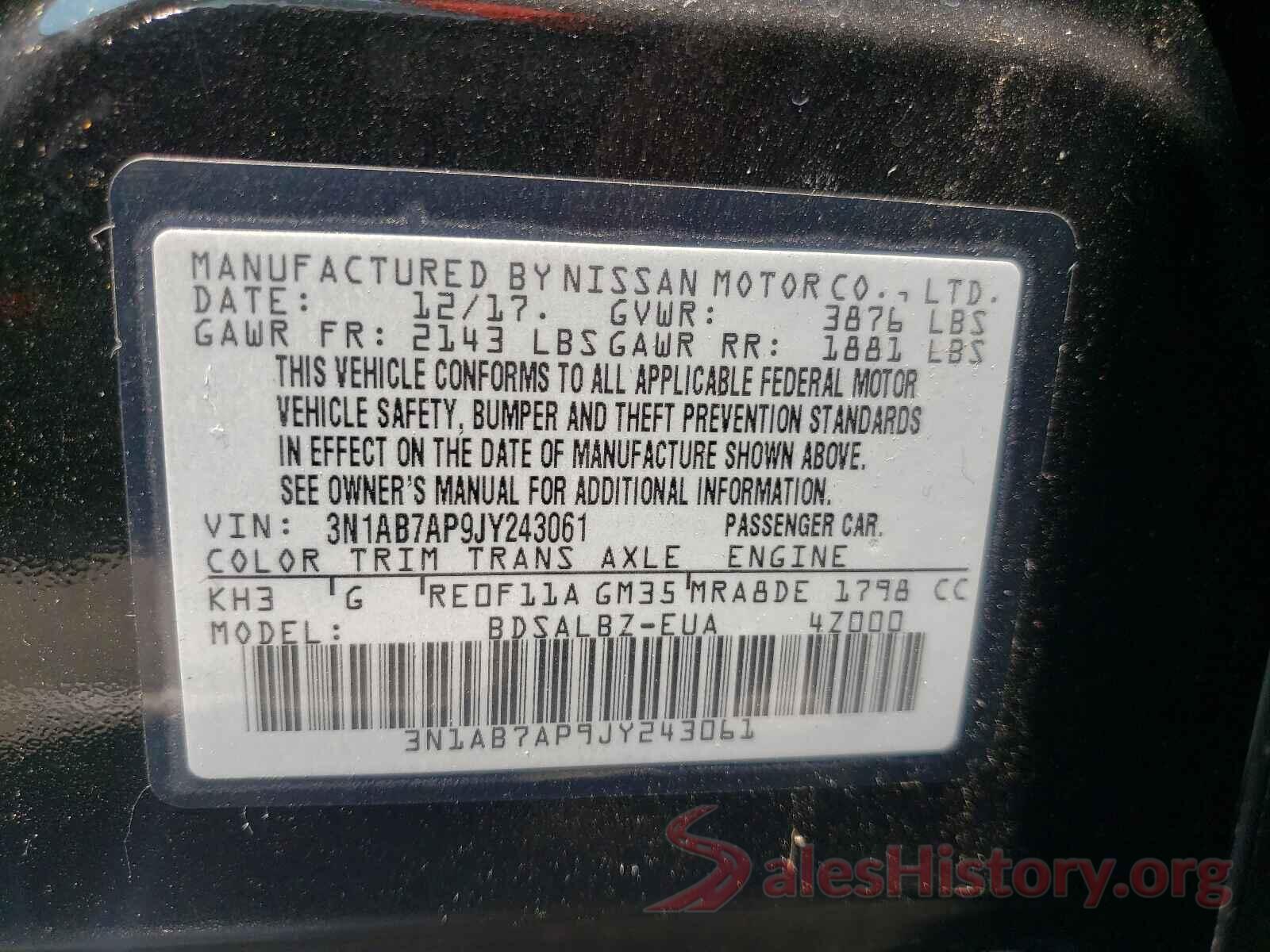 3N1AB7AP9JY243061 2018 NISSAN SENTRA