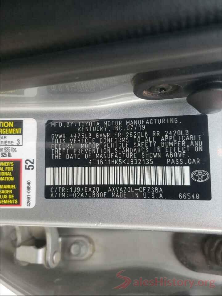 4T1B11HK5KU832135 2019 TOYOTA CAMRY