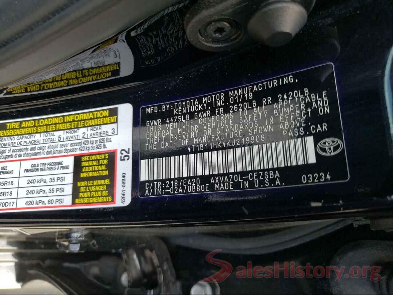 4T1B11HK4KU219908 2019 TOYOTA CAMRY