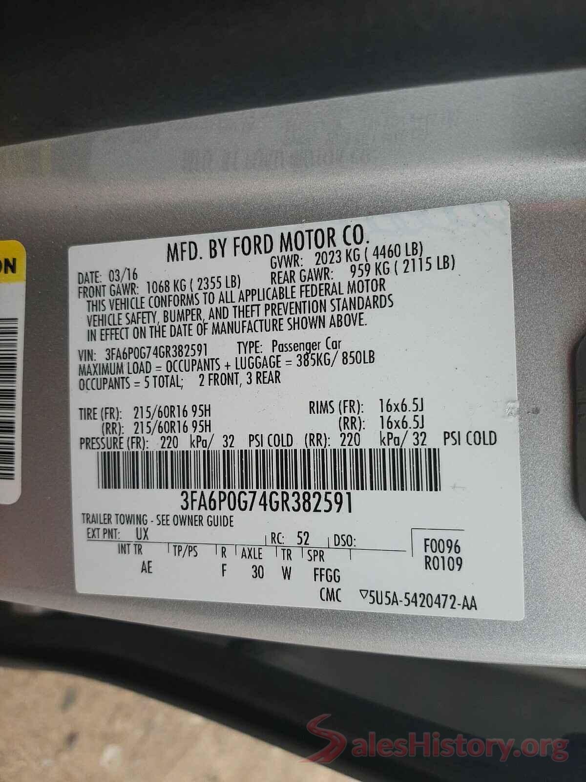 3FA6P0G74GR382591 2016 FORD FUSION