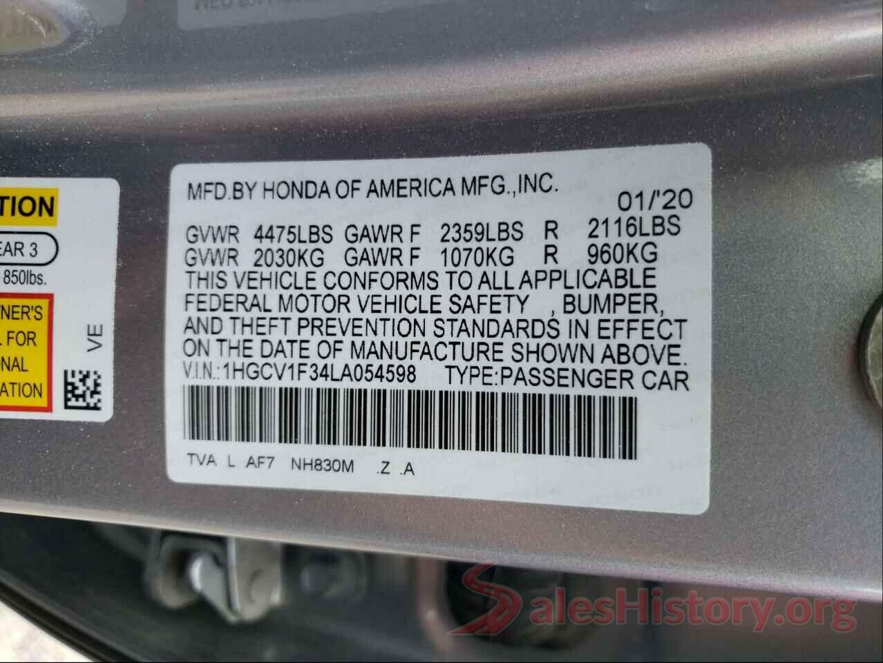 1HGCV1F34LA054598 2020 HONDA ACCORD