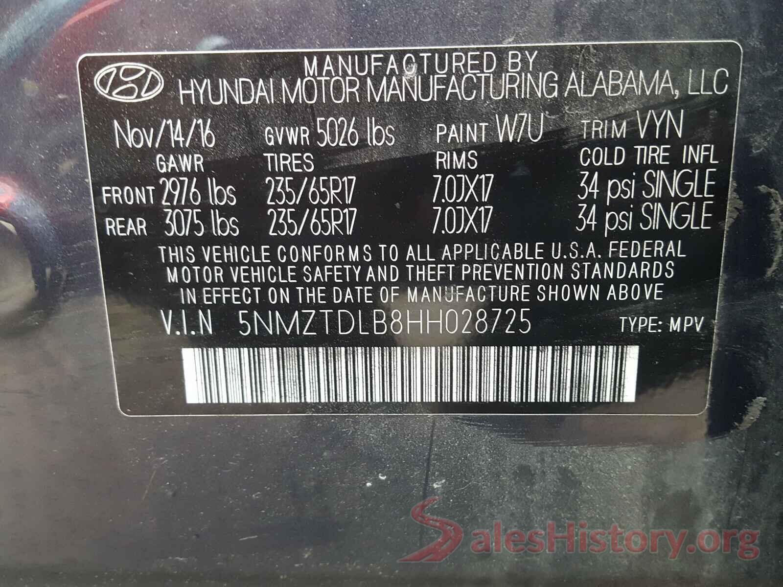 5NMZTDLB8HH028725 2017 HYUNDAI SANTA FE