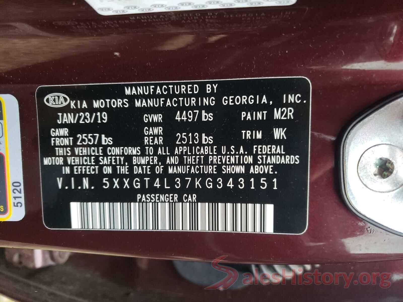 5XXGT4L37KG343151 2019 KIA OPTIMA