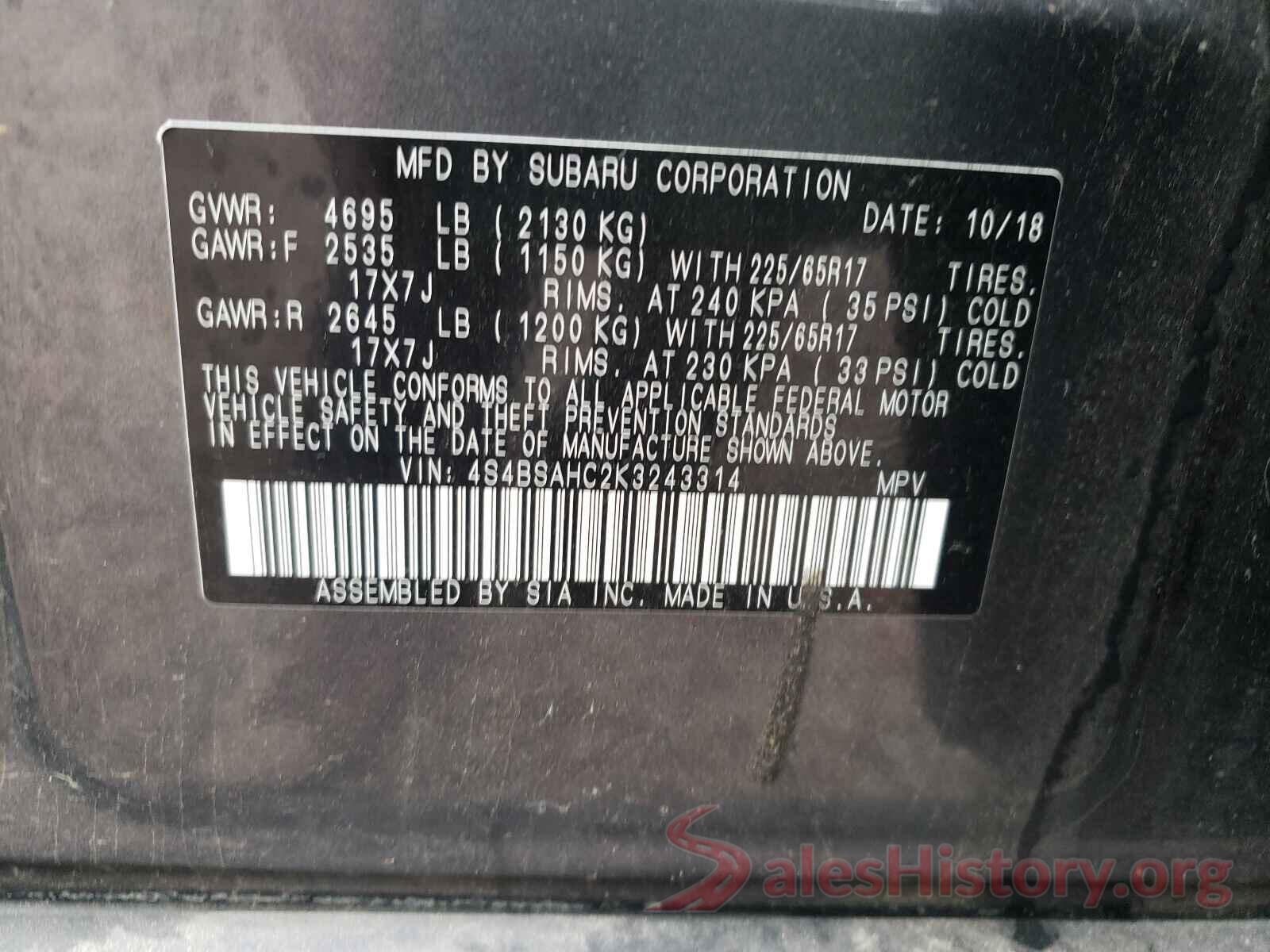 4S4BSAHC2K3243314 2019 SUBARU OUTBACK