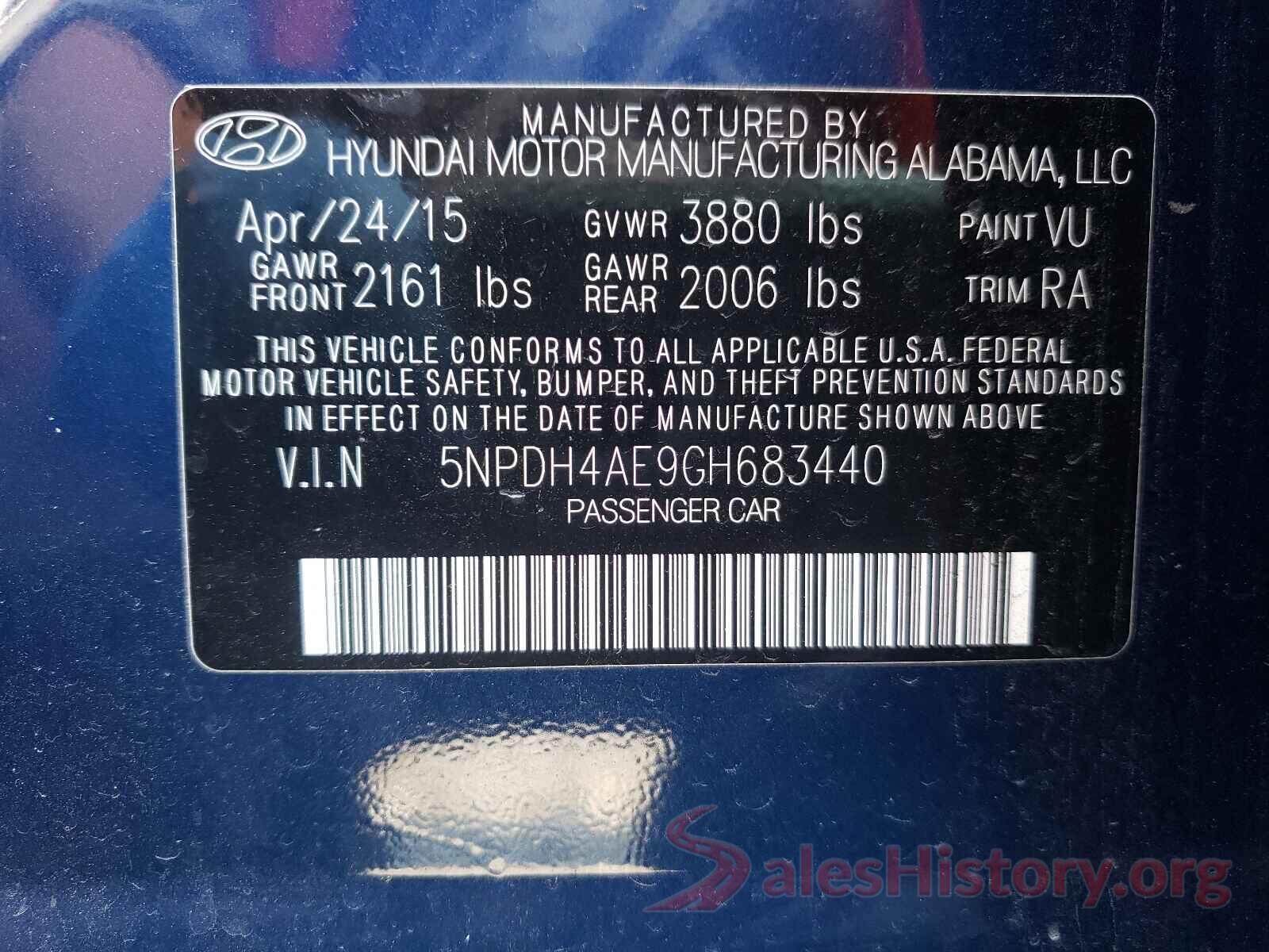 5NPDH4AE9GH683440 2016 HYUNDAI ELANTRA