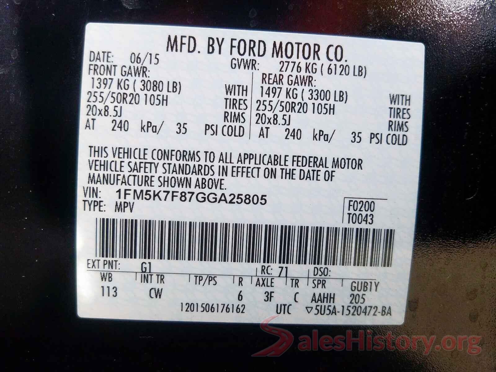 1FM5K7F87GGA25805 2016 FORD EXPLORER