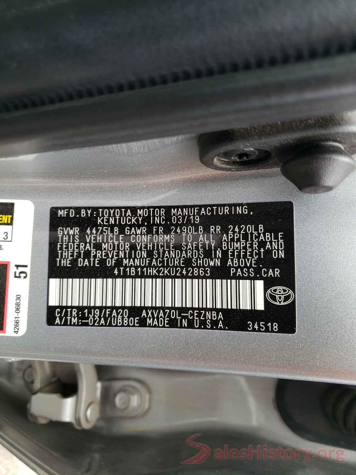 4T1B11HK2KU242863 2019 TOYOTA CAMRY