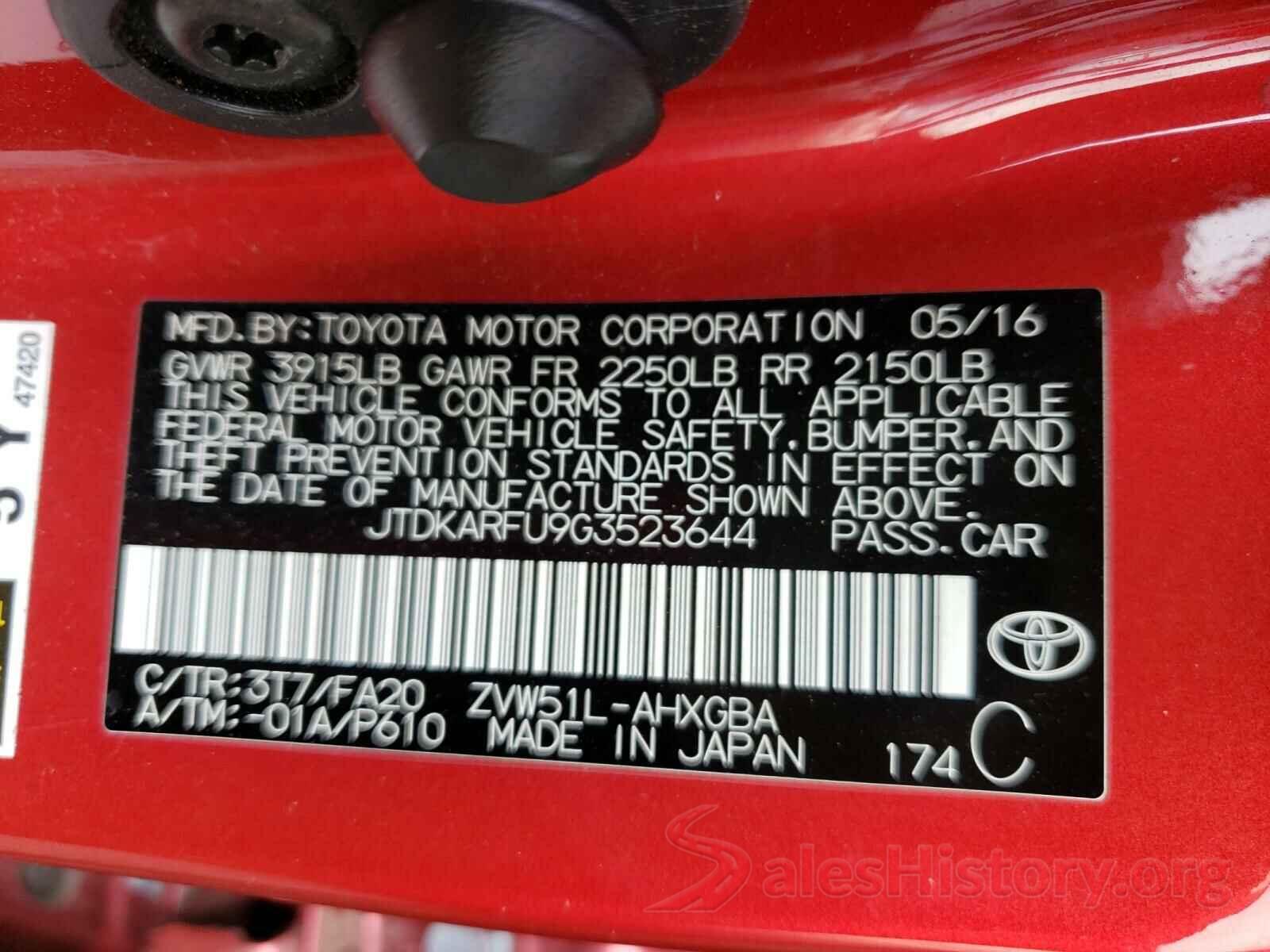 JTDKARFU9G3523644 2016 TOYOTA PRIUS