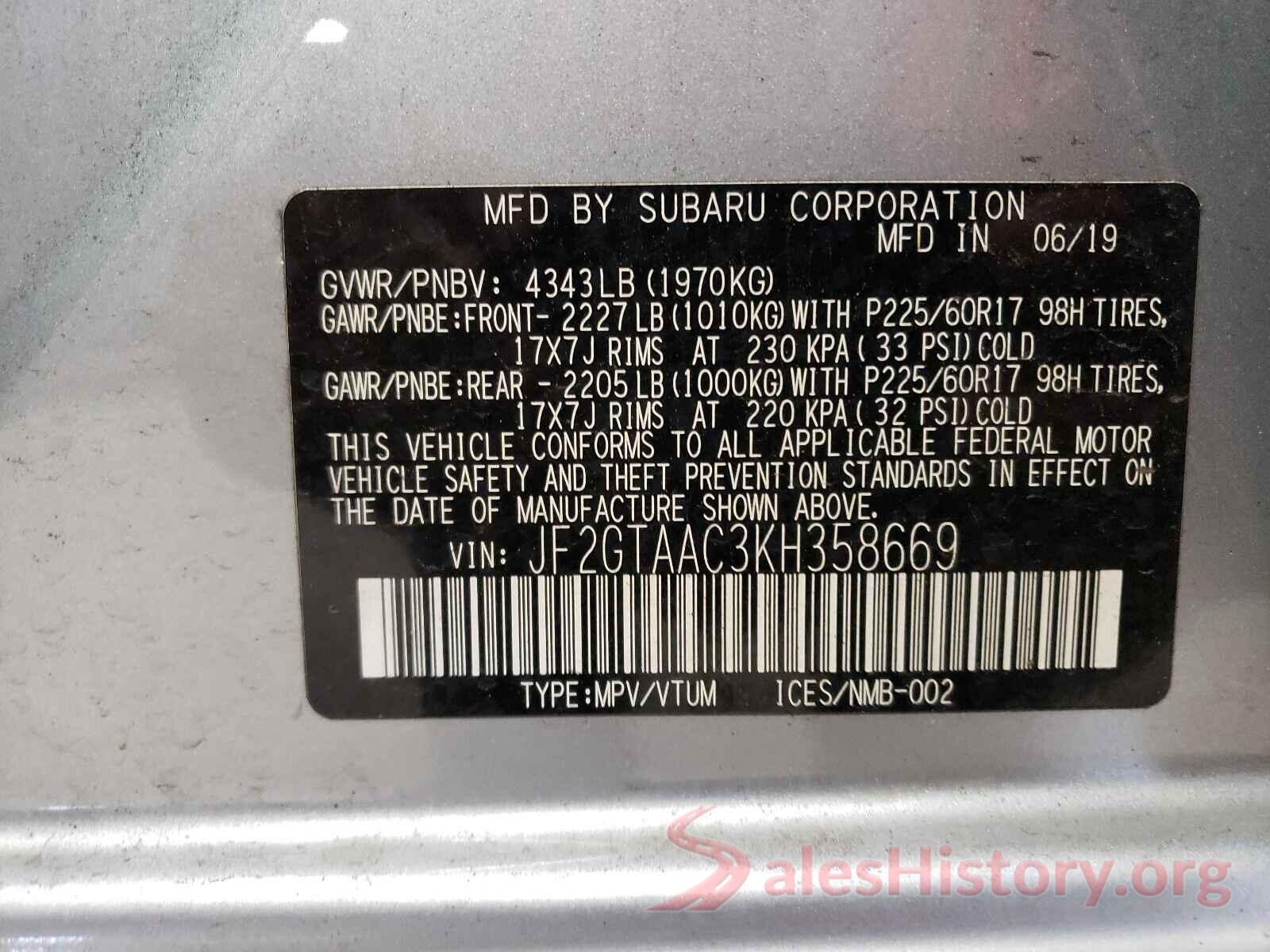 JF2GTAAC3KH358669 2019 SUBARU CROSSTREK