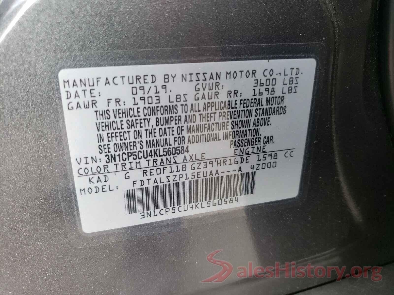 3N1CP5CU4KL560584 2019 NISSAN KICKS