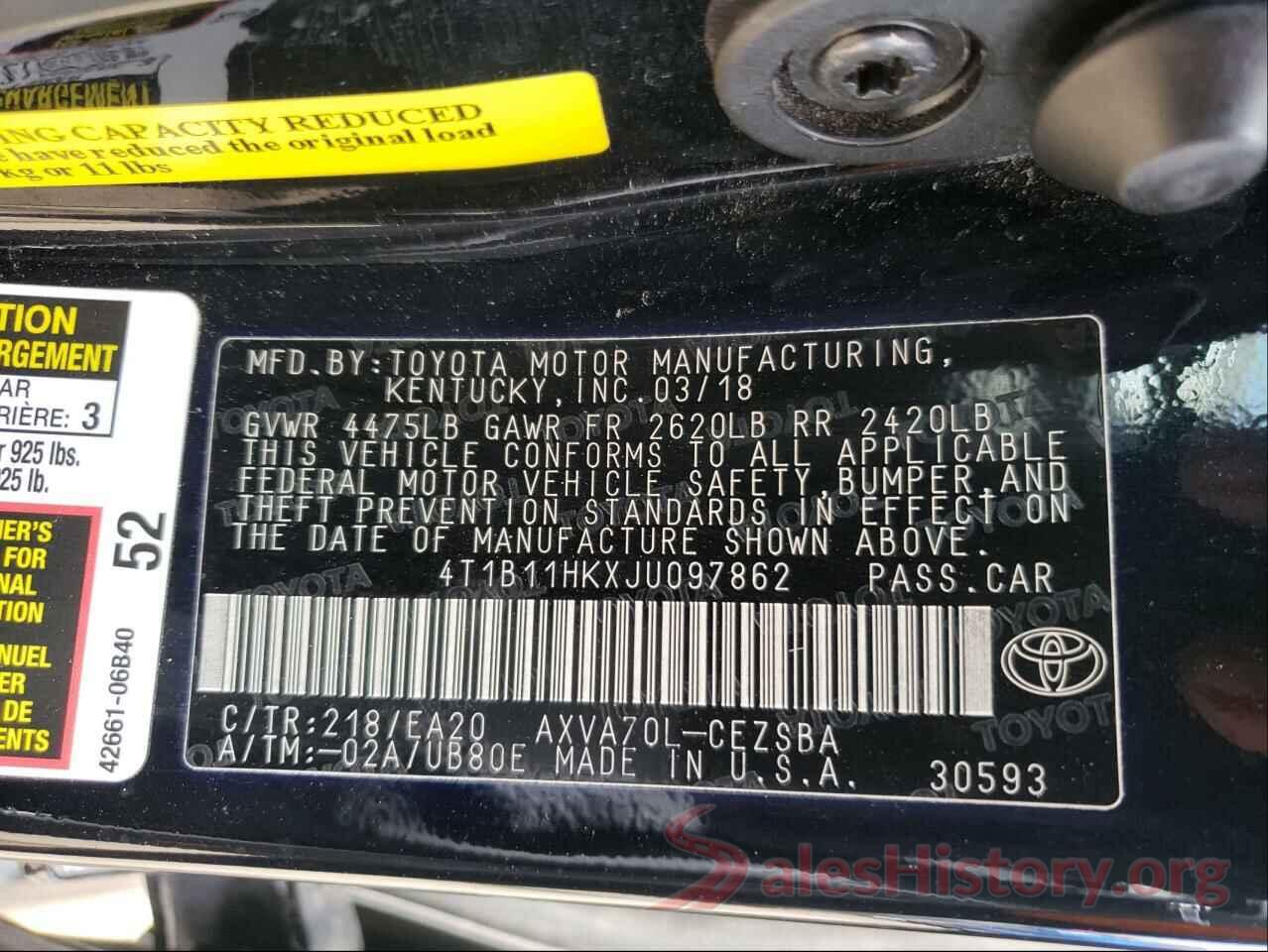 4T1B11HKXJU097862 2018 TOYOTA CAMRY