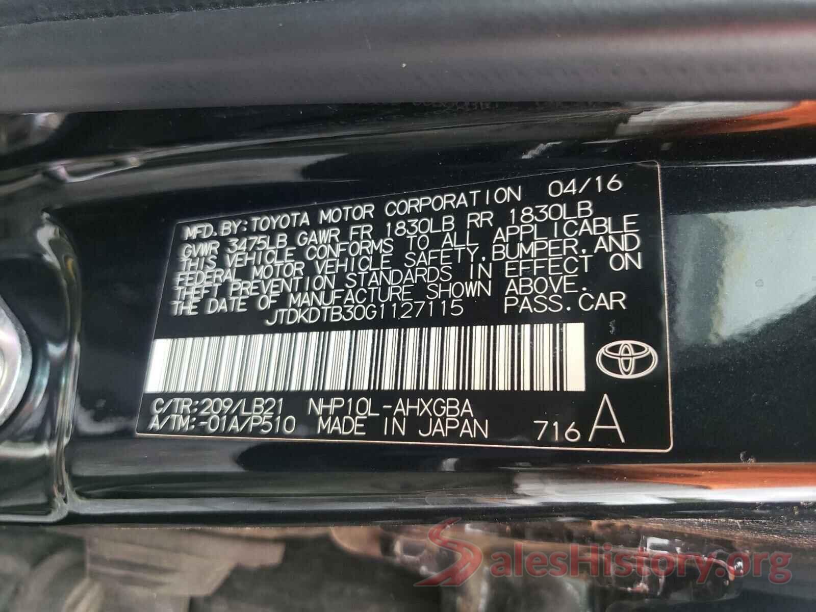 JTDKDTB30G1127115 2016 TOYOTA PRIUS